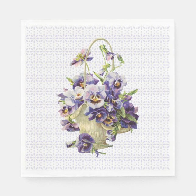 Purple Pansy Basket on Eyelet Lace Napkins (Front)