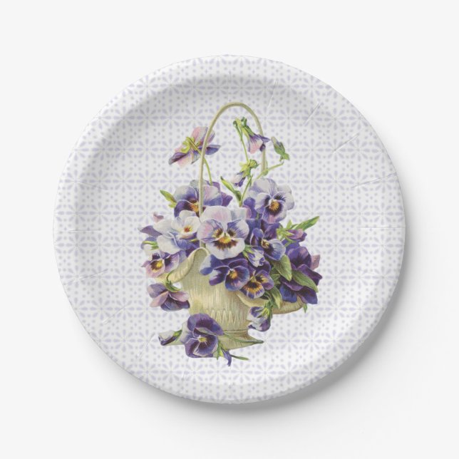 Purple Pansy Basket on Eyelet Lace Paper Plates (Front)