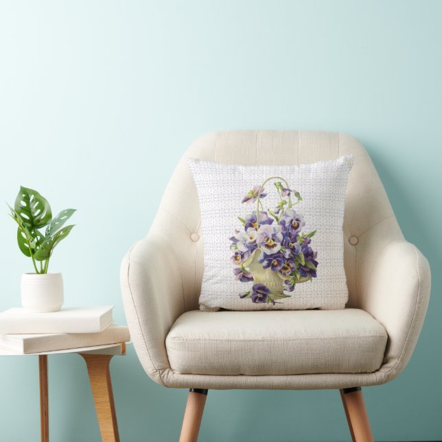 Purple Pansy Basket on Eyelet Lace Throw Pillow (Chair)
