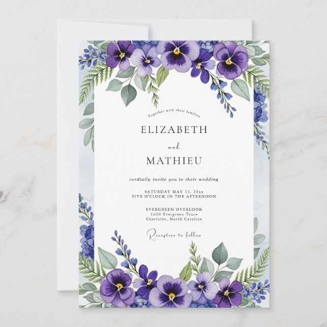 Purple Pansy Botanical Spring Wedding Invitation (Front)