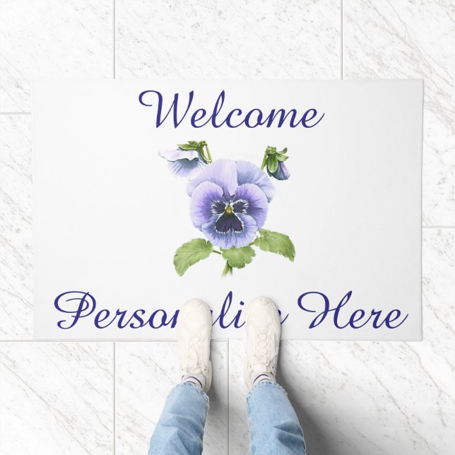 Purple Pansy Floral Botanical Art Personalized Doormat (Indoor)