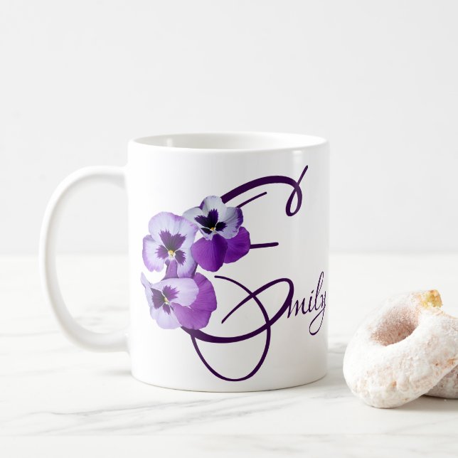  Purple pansy floral Emily name customizable boho Coffee Mug (With Donut)