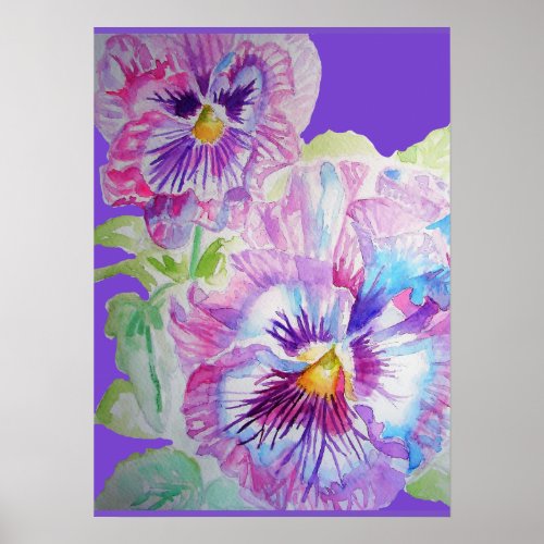 Purple Pansy Floral Flowers Watercolor Poster