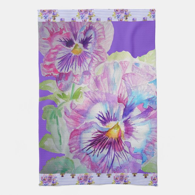 Purple Pansy floral flowers Watercolor Tea Towel (Vertical)