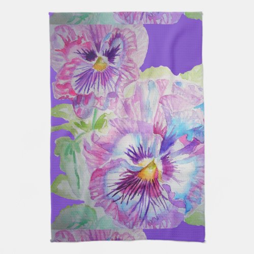 Purple Pansy floral flowers Watercolor Tea Towel