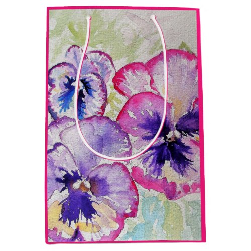 Purple Pansy floral Watercolor Birthday Medium Gift Bag