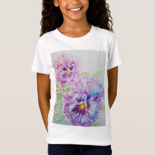 Purple Pansy floral watercolour art Girls T Shirt