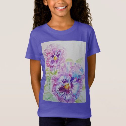 Purple Pansy floral watercolour art Girls T Shirt