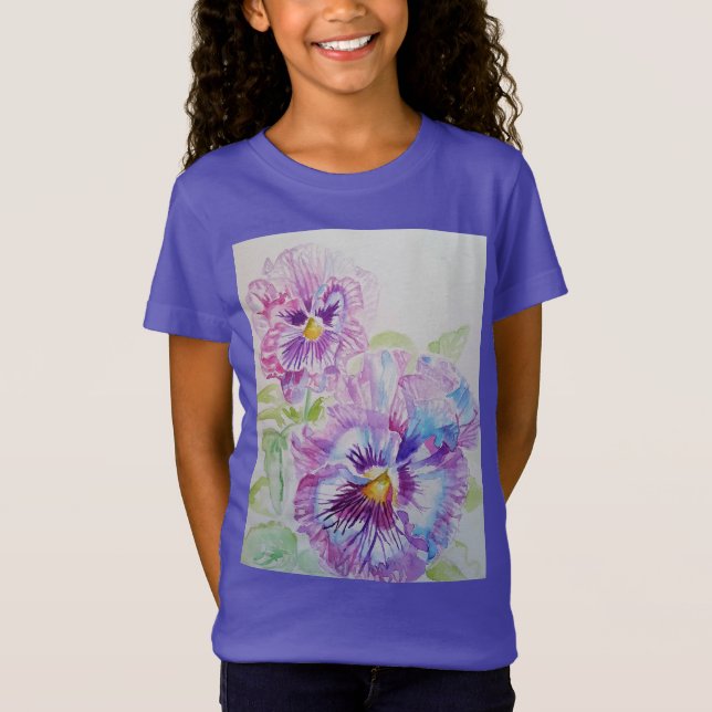 Purple Pansy floral watercolour art Girls T Shirt (Front)