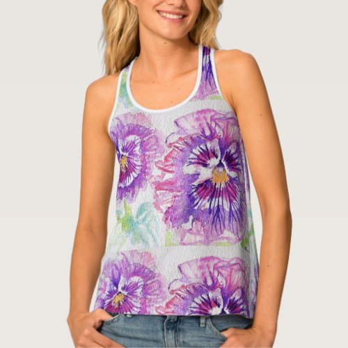 Purple Pansy Floral watercolour Ladies top Singlet