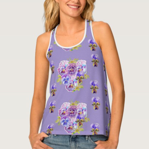 Purple Pansy Floral watercolour Ladies top Singlet