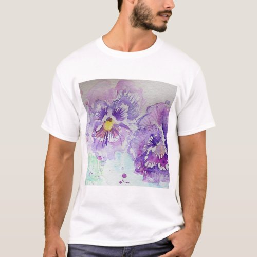Purple Pansy Flower Floral Watercolor Painting T_Shirt