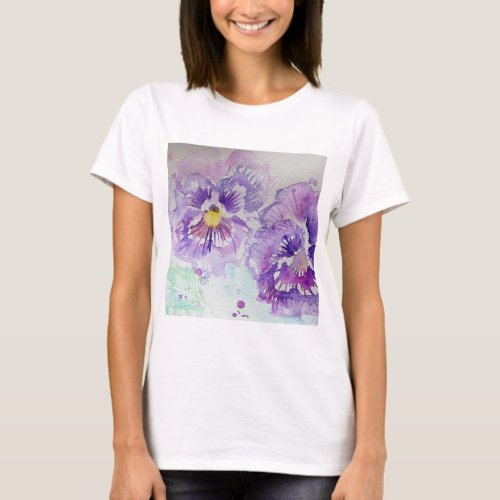 Purple Pansy Flower Floral Watercolor Painting T_Shirt