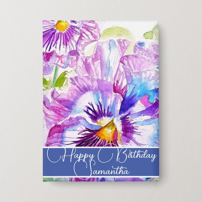 Purple Pansy Flower Floral Womans Name Birthday Button (Front)