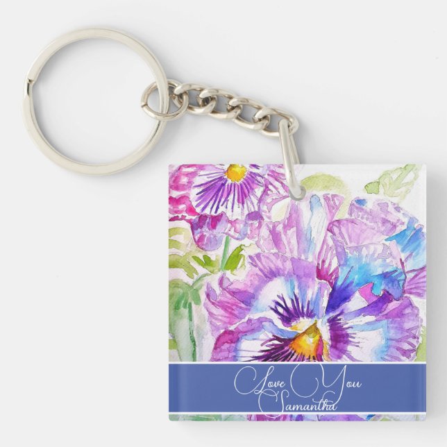 Purple Pansy Flower Floral Womans Name Birthday Keychain (Front)