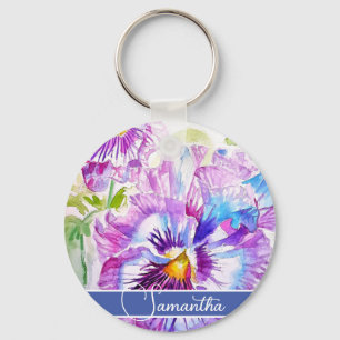 Purple Pansy Flower Floral Womans Name Key Ring