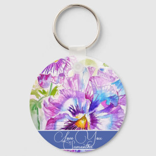 Purple Pansy Flower Floral Womans Name Love You Keychain