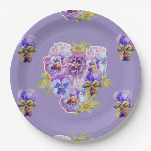 Purple Pansy Flower Pattern Paper Party Plate