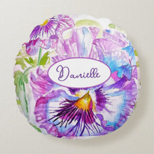 Purple Pansy Flower Pattern Watercolor Blue Girls  Round Pillow