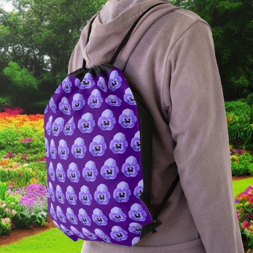 Purple Pansy Flower Seamless Pattern on Drawstring Bag