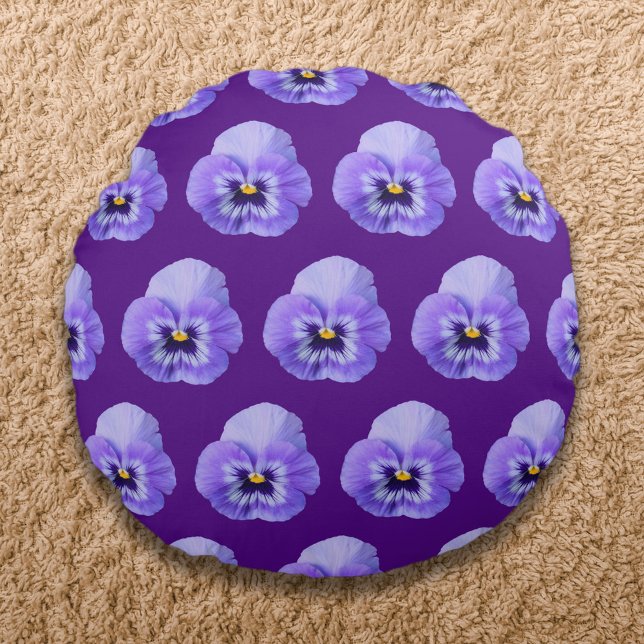 Purple Pansy Flower Seamless Pattern on Round Pillow (Purple Pansy flower seamless pattern on round throw pillow)