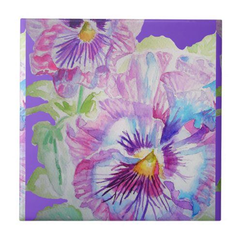 Purple Pansy Flower Watercolor Floral Ceramic Tile