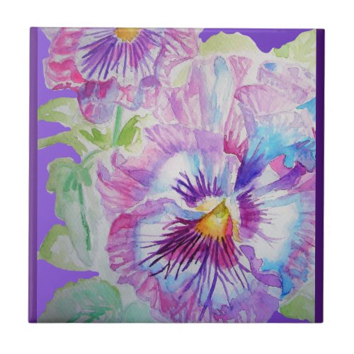 Purple Pansy Flower Watercolor Floral Ceramic Tile