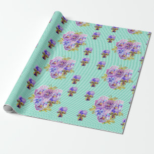 Purple Pansy flowers floral Aqua Stripe Wrapping Wrapping Paper