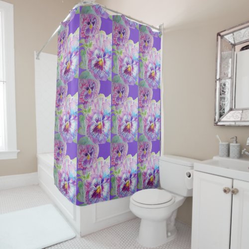 Purple Pansy flowers floral art Shower Curtain