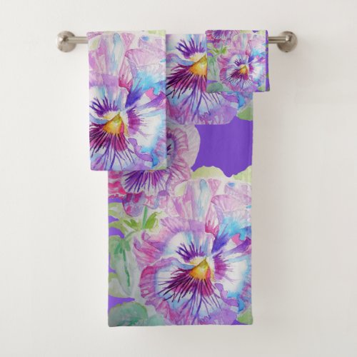 Purple Pansy Flowers Floral Bath Towel Set