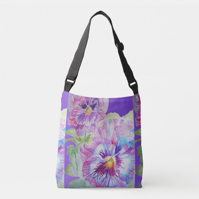 Purple Pansy Flowers Floral Crossbody Bag (Front)