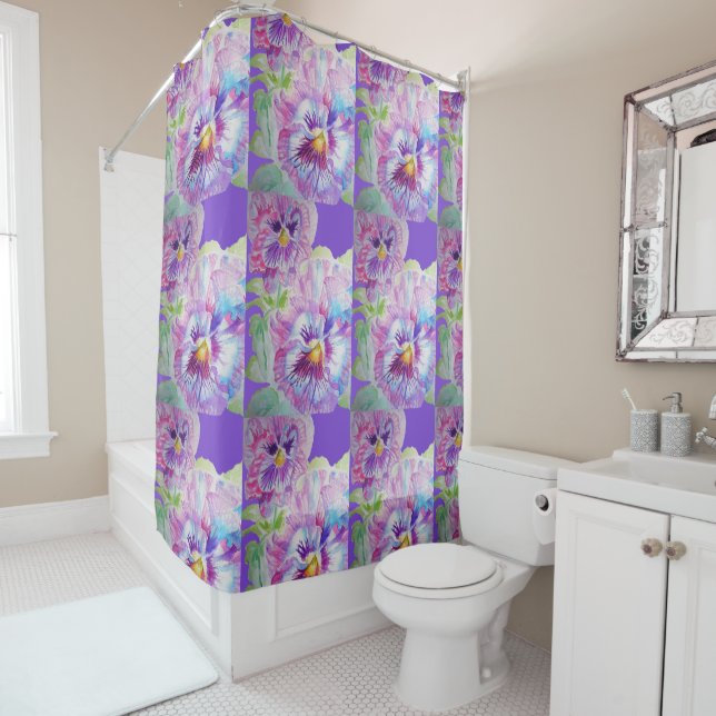 Purple Pansy Flowers Floral Shower Curtain (In Situ)