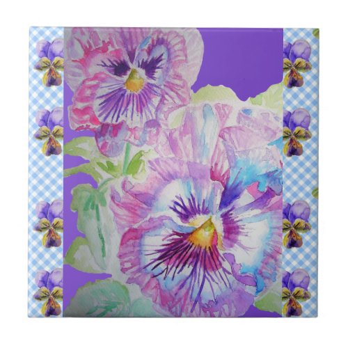 Purple Pansy Flowers watercolor viola Ceramic Tile