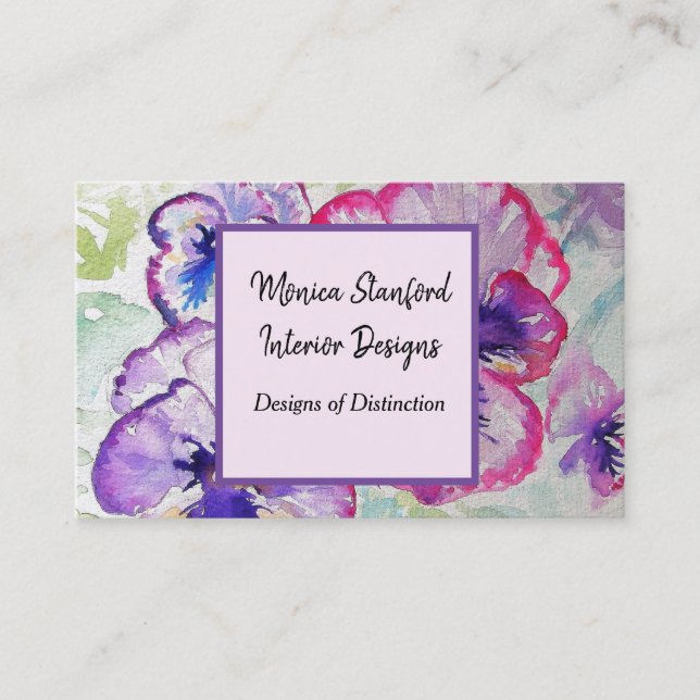 Purple Pansy Flowers Watercolour Business Card (Front)