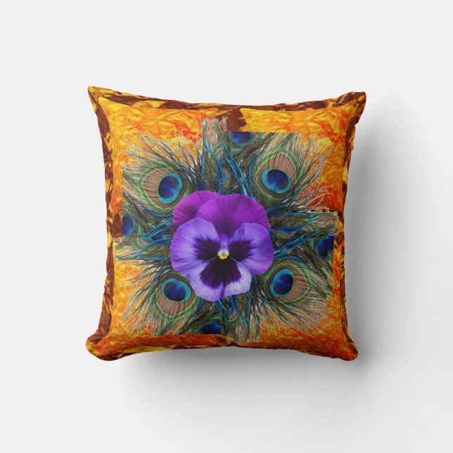 PURPLE PANSY GREEN PEACOCK GOLD ART THROW PILLOW (Front)