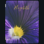 Purple pansy macro photograph elegant iPad smart cover<br><div class="desc">Modern and elegant iPad cover featuring an original macro photograph of a beautiful purple and yellow pansy flower.
Easily customizable by adding your name or text of your choice on a yellow calligraphy font.</div>