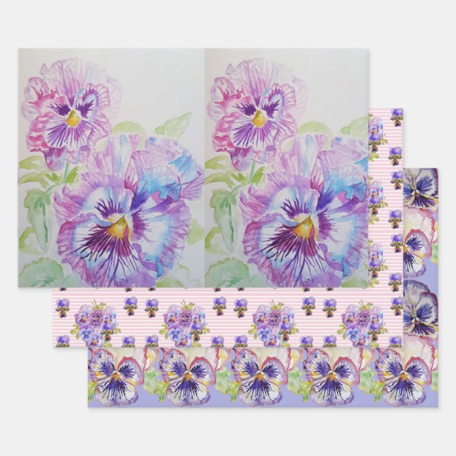 Purple Pansy Pansies flower Watercolor Painting Wrapping Paper Sheets (Set)