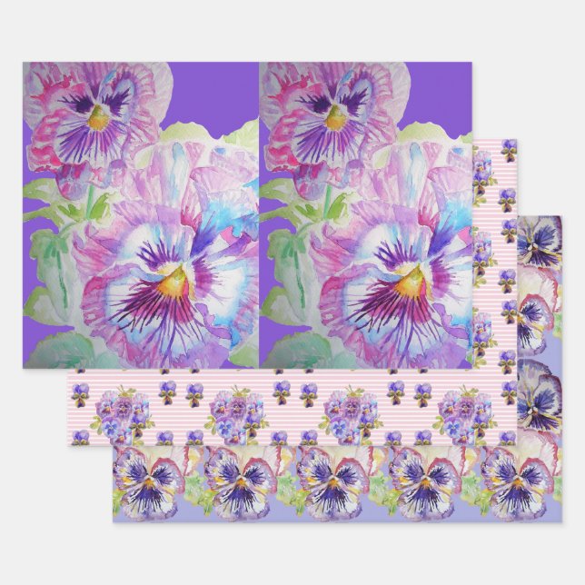 Purple Pansy Pansies flower Watercolor Painting Wrapping Paper Sheets (Set)