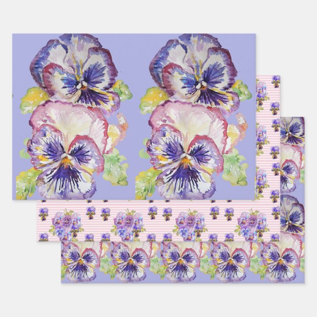 Purple Pansy Pansies flower Watercolor Painting Wrapping Paper Sheets (Set)
