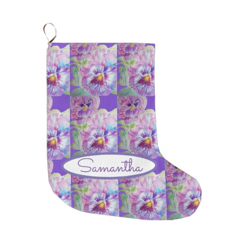 Purple Pansy Pansies Violet Floral Flowers Art Large Christmas Stocking