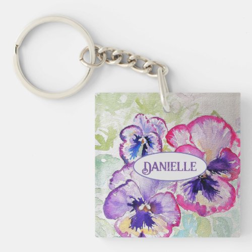 Purple Pansy Pink Flower Floral Watercolor Keychain