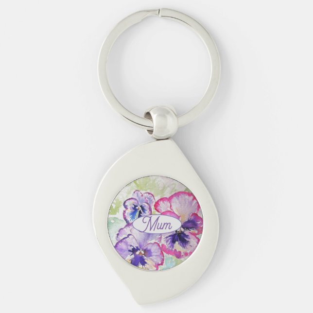 Purple Pansy Pink Flower Floral Watercolor Mom Keychain (Front)