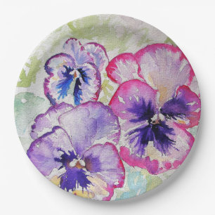 Purple Pansy Pink Flower Floral Watercolor Paper Plates