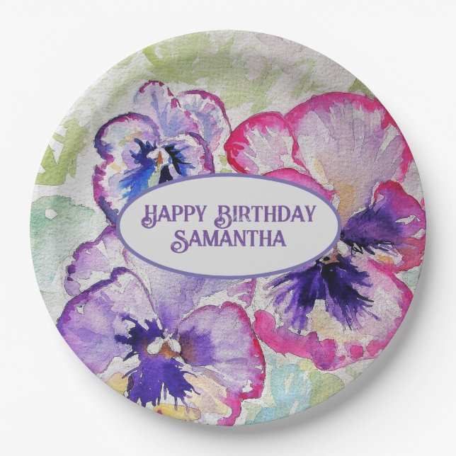 Purple Pansy Pink Flower Floral Watercolor Paper Plates (Front)
