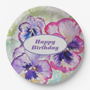 Purple Pansy Pink Flower Floral Watercolor Paper Plates