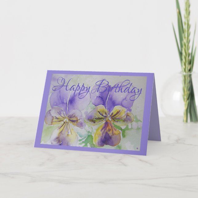 Purple Pansy Viola Watercolor Birthday Card (Front)