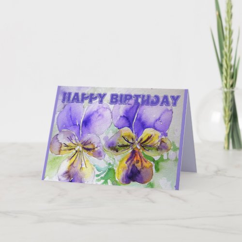 Purple Pansy Viola Watercolor Birthday Card