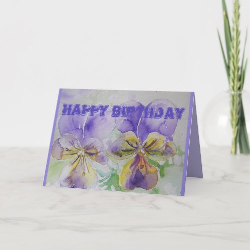 Purple Pansy Viola Watercolor Birthday Card