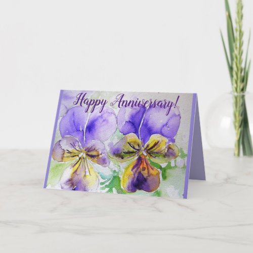 Purple Pansy Viola Watercolour Anniversary Card