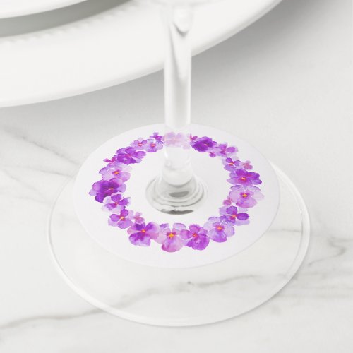 Purple pansy watercolor art flower wedding events wine glass tag